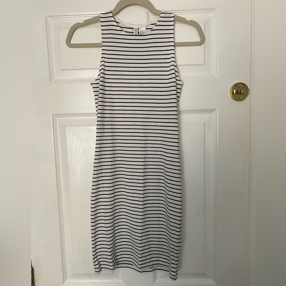 H&M Black and White Striped Ribbed Bodycon High Neck Mini Dress Size XS